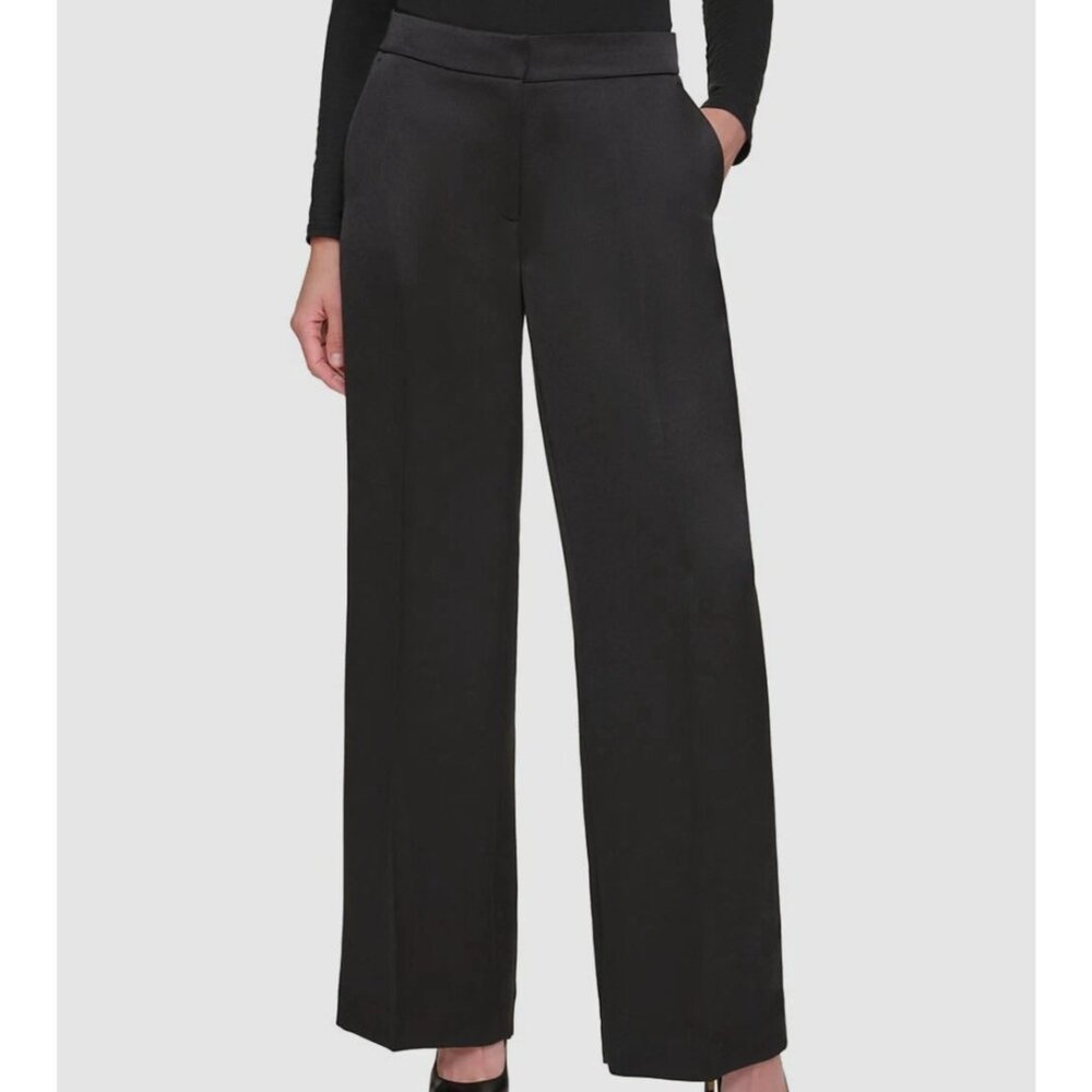 NWT DKNY Wide Leg Satin Dress Pants‎ Womens 16P 16 Petite Black High Waist Flex